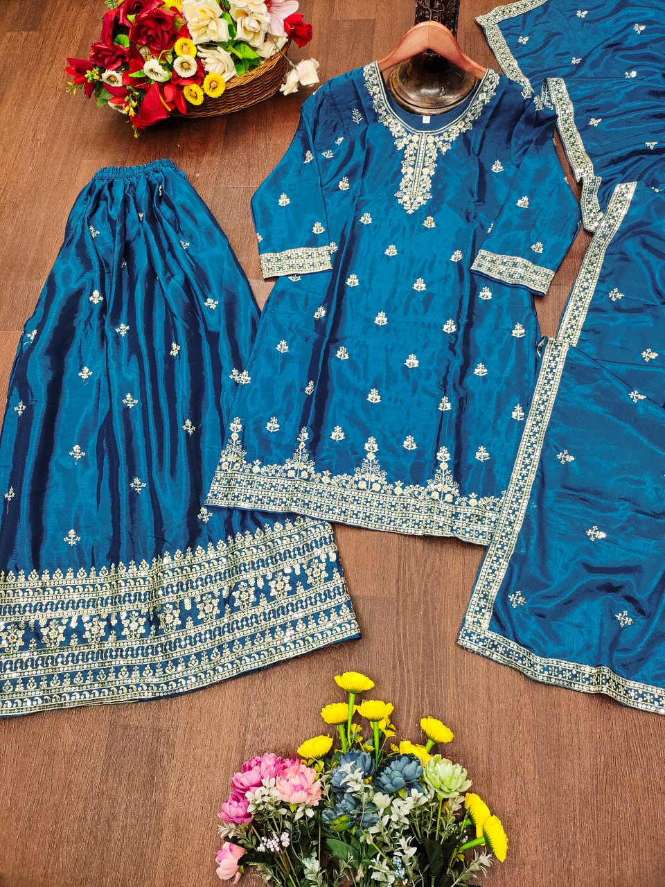Prazu Fashion Firozi Chinon Silk Sequin Embroidered Sharara Suit | Grocsy