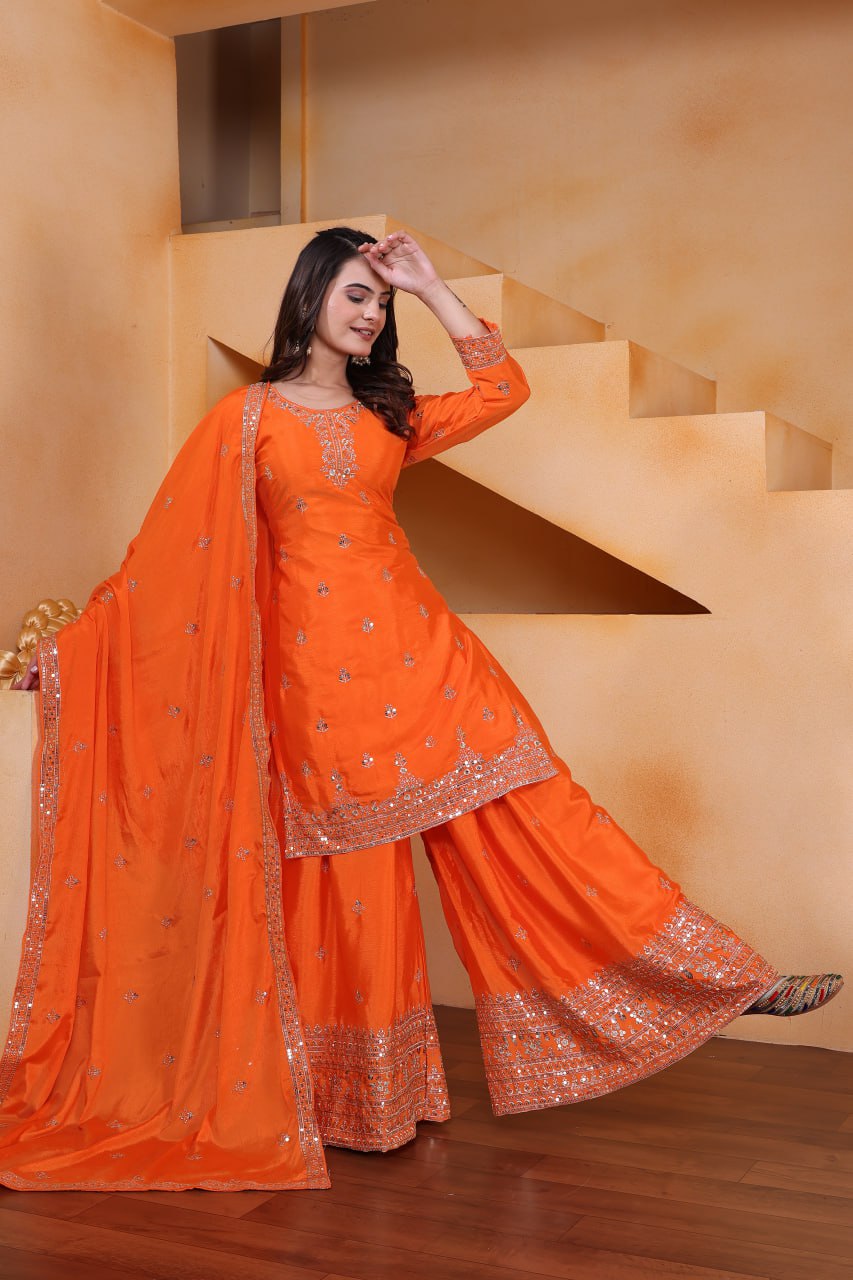 Prazu Fashion Orange Chinon Silk Sequin Embroidered Sharara Suit | Grocsy