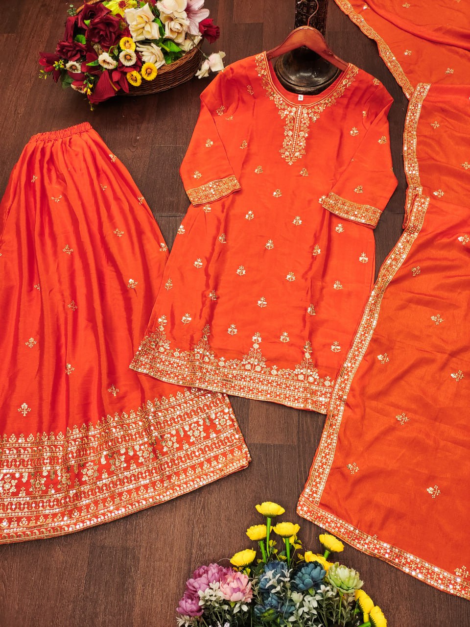 Prazu Fashion Orange Chinon Silk Sequin Embroidered Sharara Suit | Grocsy