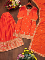 Prazu Fashion Orange Chinon Silk Sequin Embroidered Sharara Suit | Grocsy