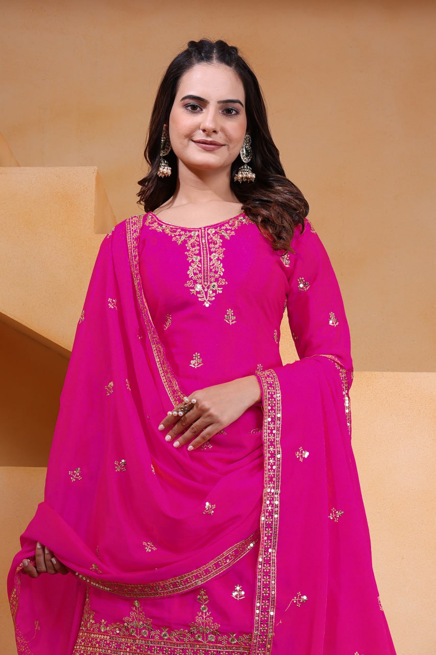 Prazu Fashion Pink Chinon Silk Sequin Embroidered Sharara Suit | Grocsy