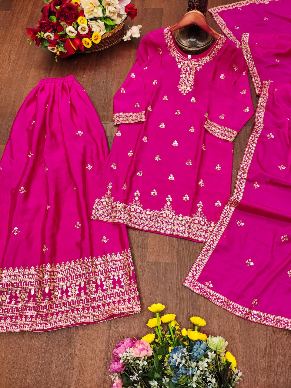 Prazu Fashion Pink Chinon Silk Sequin Embroidered Sharara Suit | Grocsy