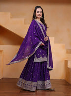 Prazu Fashion Royal Purple Chinon Silk Sequin Embroidered Sharara Suit | Grocsy