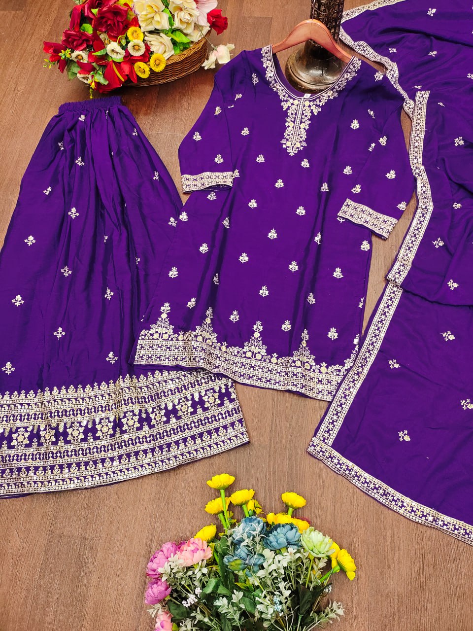 Prazu Fashion Royal Purple Chinon Silk Sequin Embroidered Sharara Suit | Grocsy