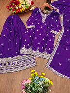 Prazu Fashion Royal Purple Chinon Silk Sequin Embroidered Sharara Suit | Grocsy