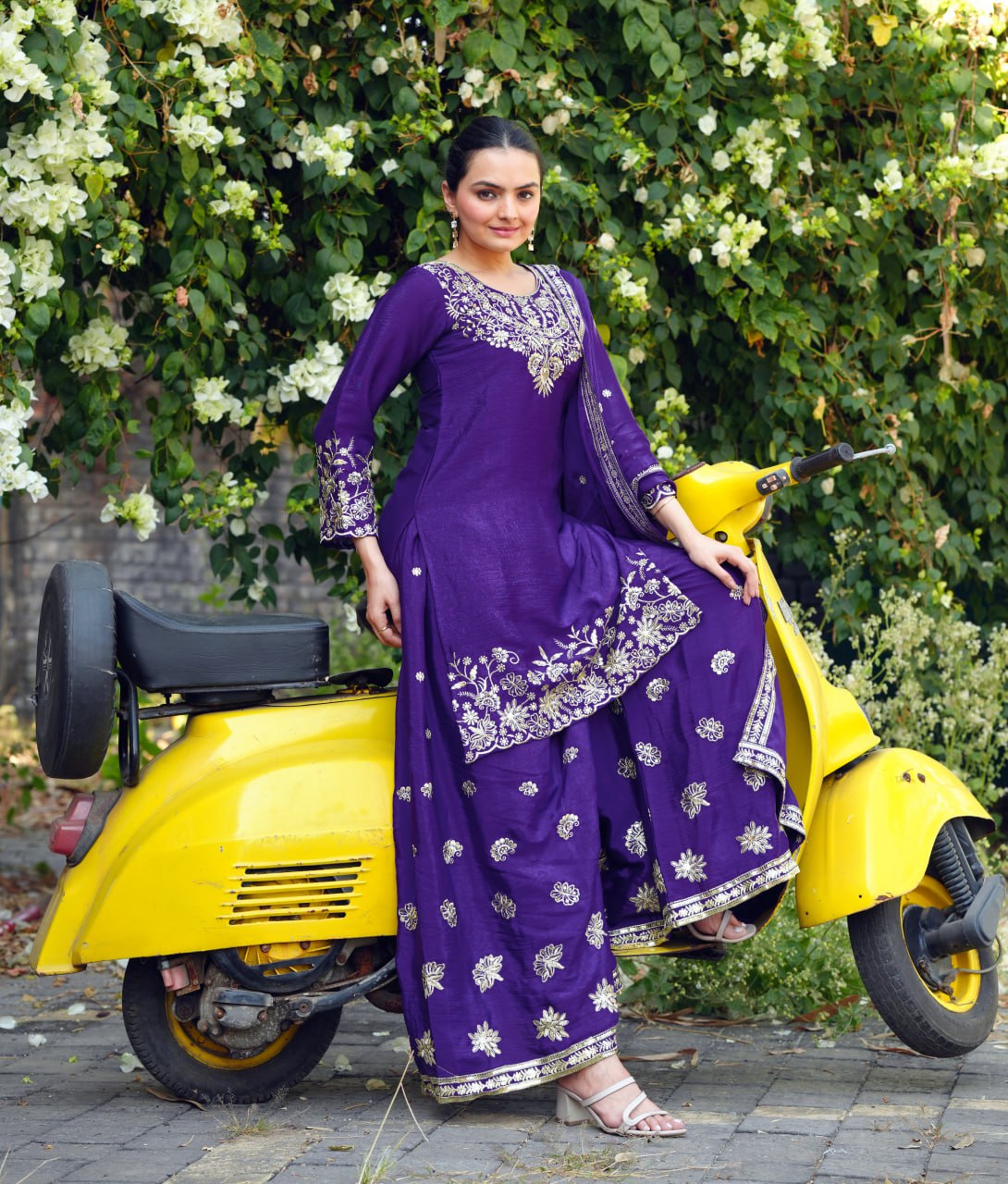 Prazu Fashion Royal Purple Chinon Silk Sequin Embroidered Sharara Suit | Grocsy