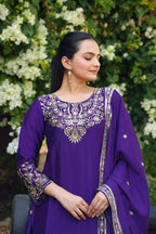 Prazu Fashion Royal Purple Chinon Silk Sequin Embroidered Sharara Suit | Grocsy