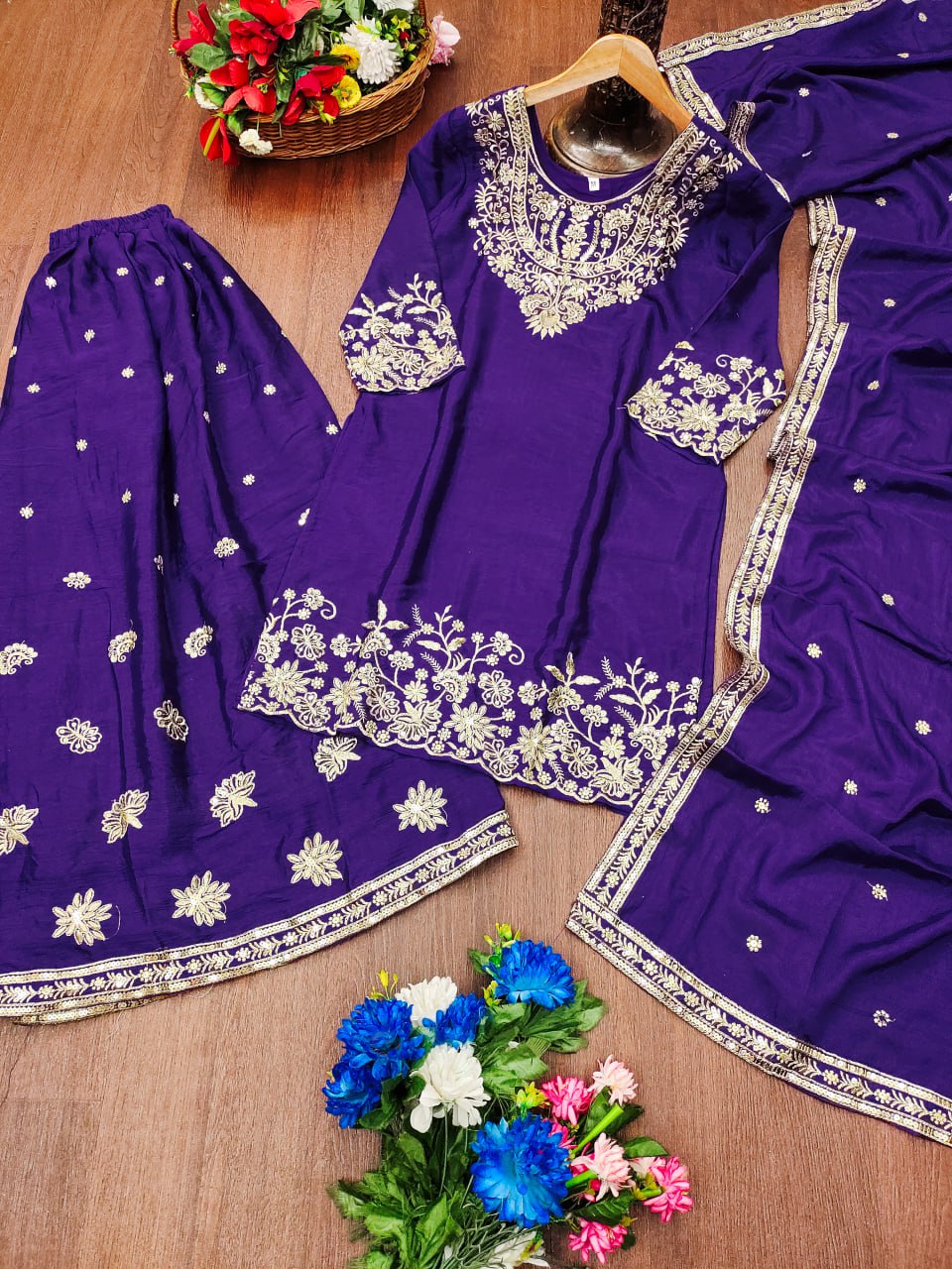 Prazu Fashion Royal Purple Chinon Silk Sequin Embroidered Sharara Suit | Grocsy