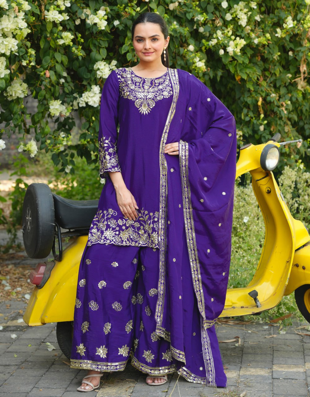 Prazu Fashion Royal Purple Chinon Silk Sequin Embroidered Sharara Suit | Grocsy
