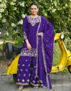 Prazu Fashion Royal Purple Chinon Silk Sequin Embroidered Sharara Suit | Grocsy