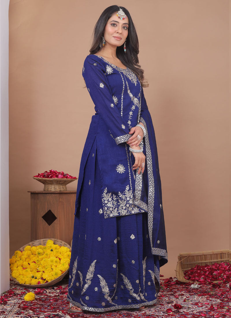 Prazu Fashion Blue Vichitra Silk Sequin Embroidered Sharara Suit | Grocsy