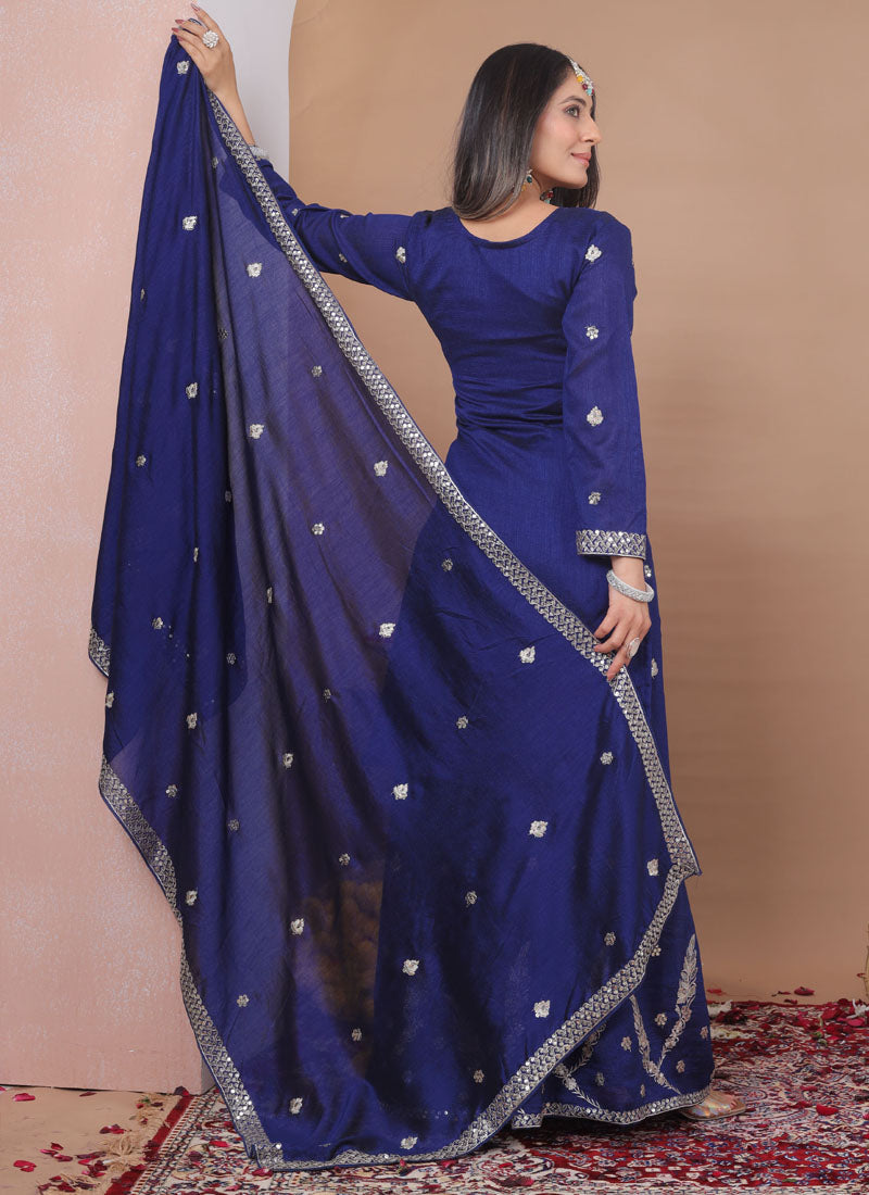 Prazu Fashion Blue Vichitra Silk Sequin Embroidered Sharara Suit | Grocsy
