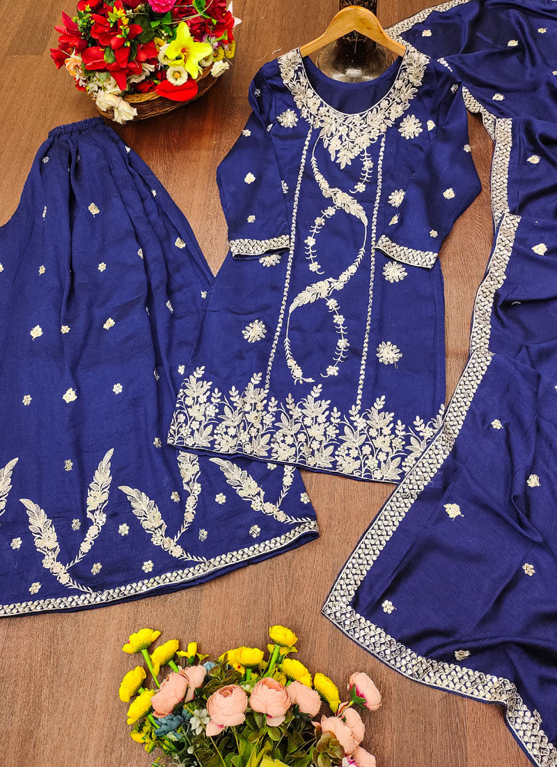Prazu Fashion Blue Vichitra Silk Sequin Embroidered Sharara Suit | Grocsy