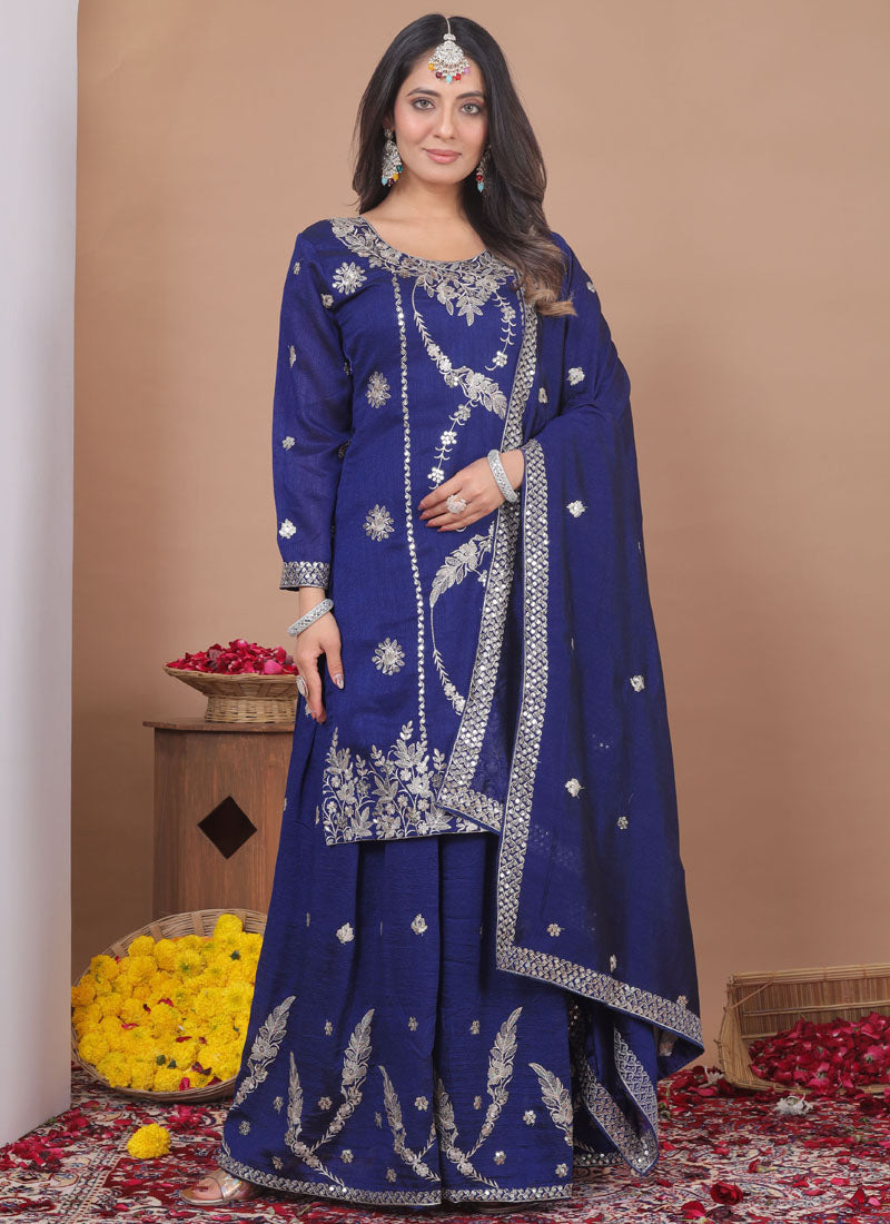 Prazu Fashion Blue Vichitra Silk Sequin Embroidered Sharara Suit | Grocsy