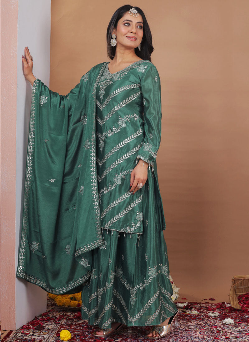 Prazu Fashion Sea Green Chinon Silk Sequin Embroidered Sharara Suit | Grocsy