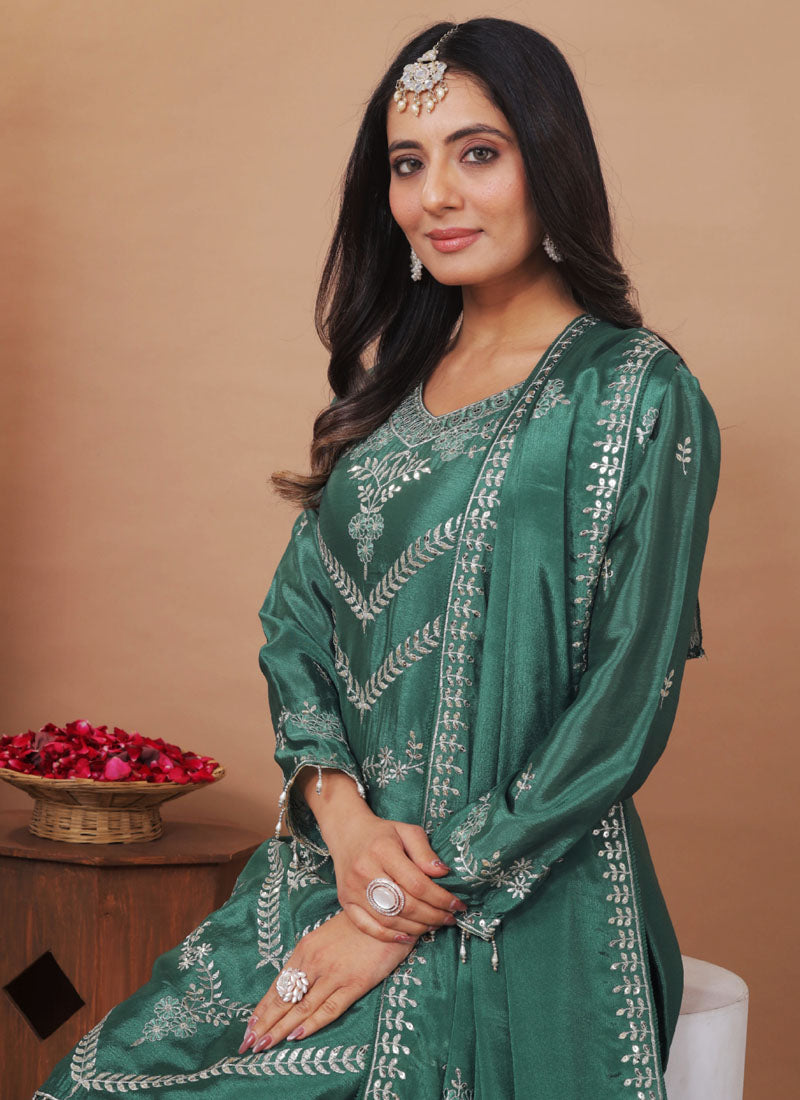 Prazu Fashion Sea Green Chinon Silk Sequin Embroidered Sharara Suit | Grocsy
