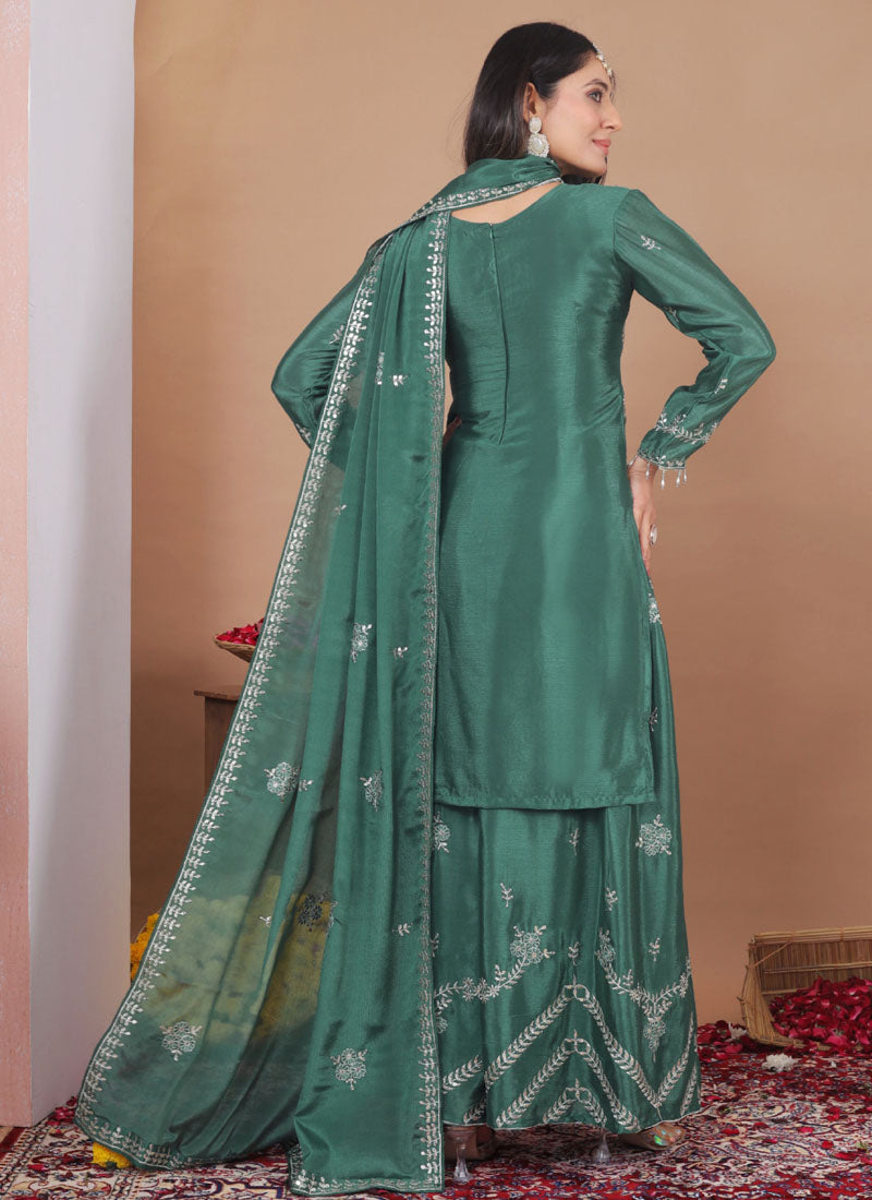 Prazu Fashion Sea Green Chinon Silk Sequin Embroidered Sharara Suit | Grocsy