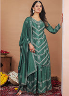 Prazu Fashion Sea Green Chinon Silk Sequin Embroidered Sharara Suit | Grocsy