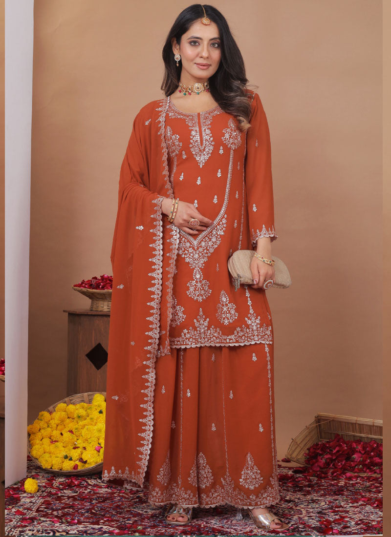 Prazu Fashion Rust Orange Georgette Sequence Embroidered Sharara Suit | Grocsy