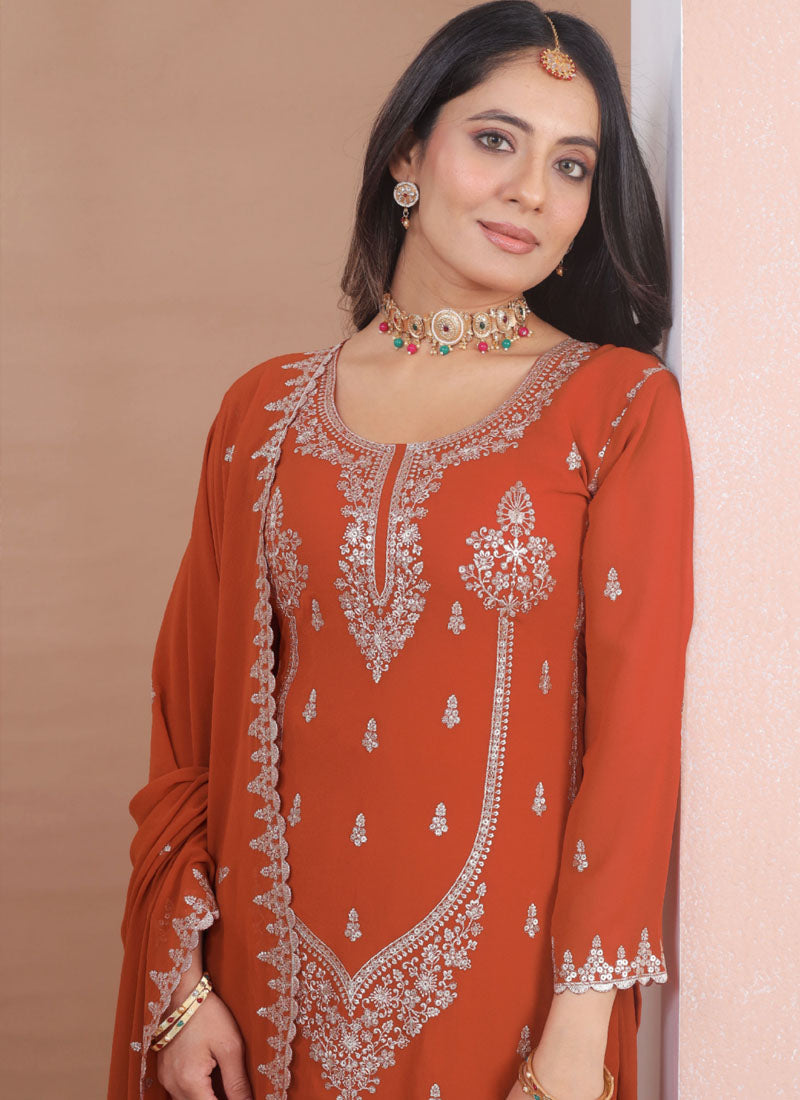 Prazu Fashion Rust Orange Georgette Sequence Embroidered Sharara Suit | Grocsy