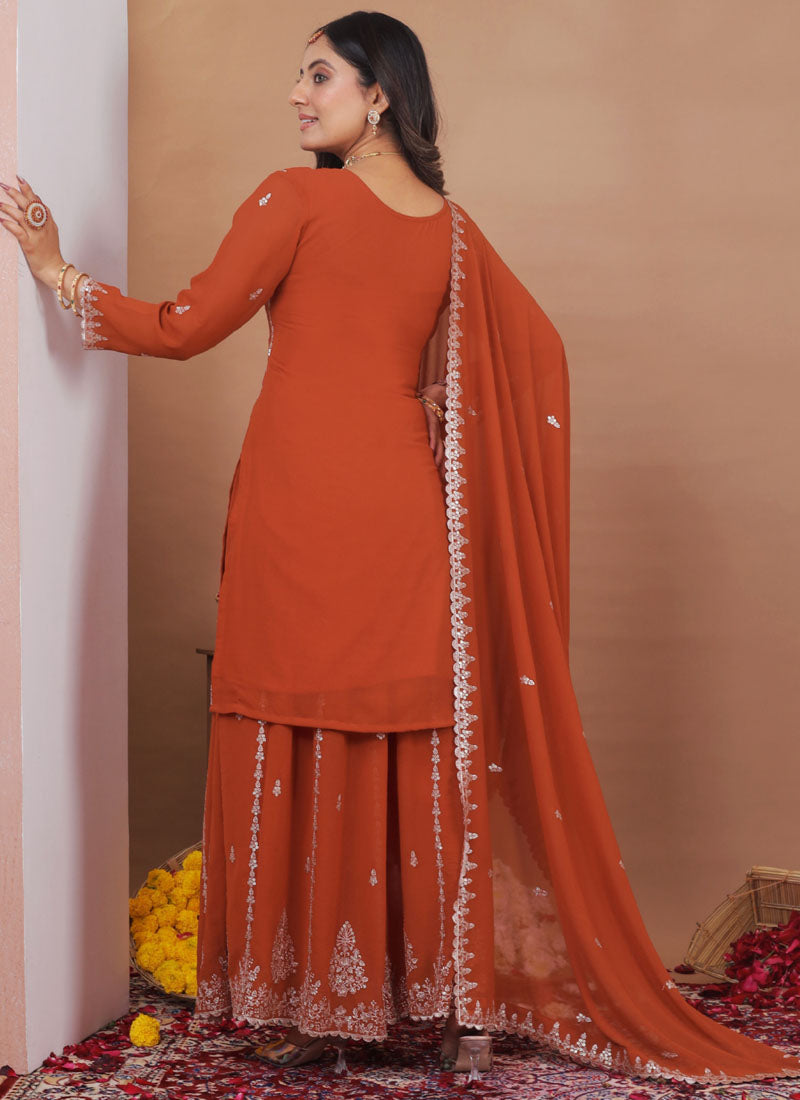 Prazu Fashion Rust Orange Georgette Sequence Embroidered Sharara Suit | Grocsy