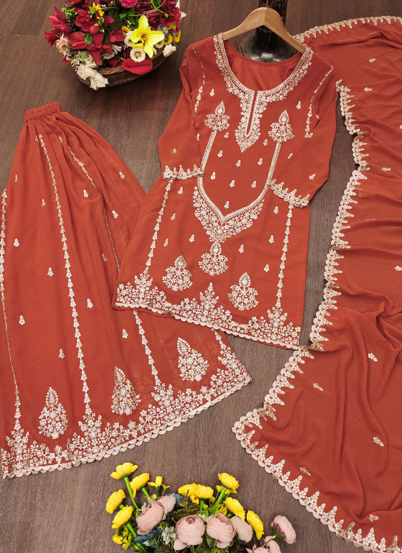 Prazu Fashion Rust Orange Georgette Sequence Embroidered Sharara Suit | Grocsy