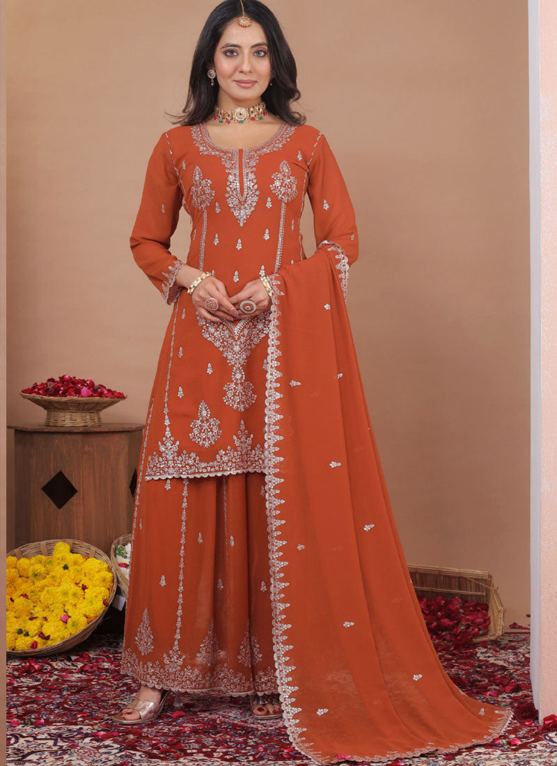 Prazu Fashion Rust Orange Georgette Sequence Embroidered Sharara Suit | Grocsy