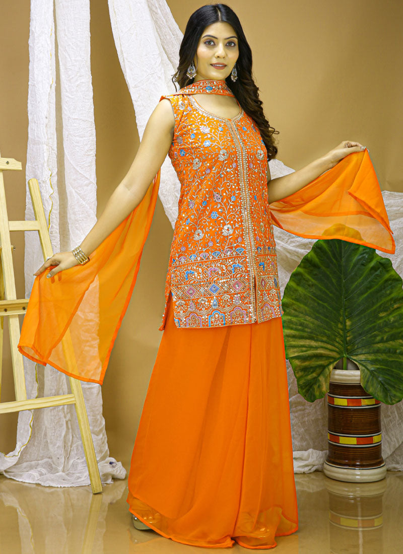 Prazu Fashion Orange Georgette Sequin Embroidered Sharara Suit | Grocsy