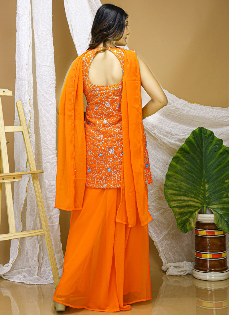 Prazu Fashion Orange Georgette Sequin Embroidered Sharara Suit | Grocsy