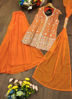Prazu Fashion Orange Georgette Sequin Embroidered Sharara Suit | Grocsy