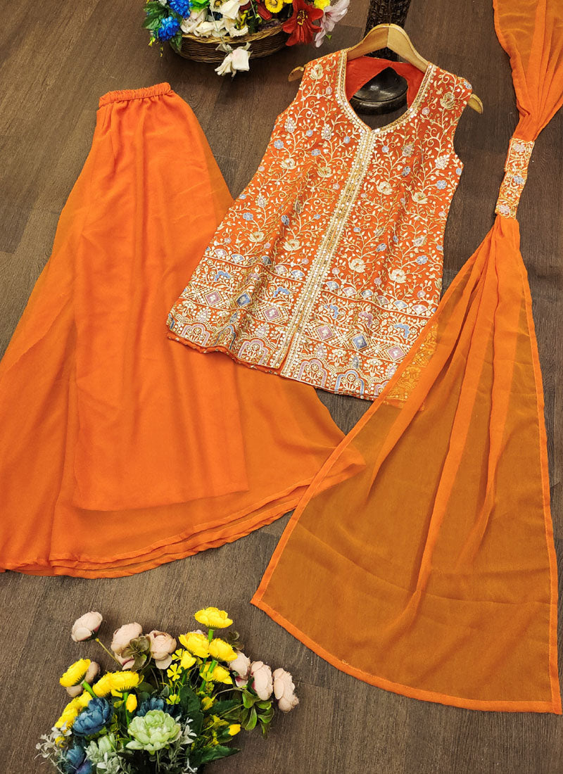 Prazu Fashion Orange Georgette Sequin Embroidered Sharara Suit | Grocsy