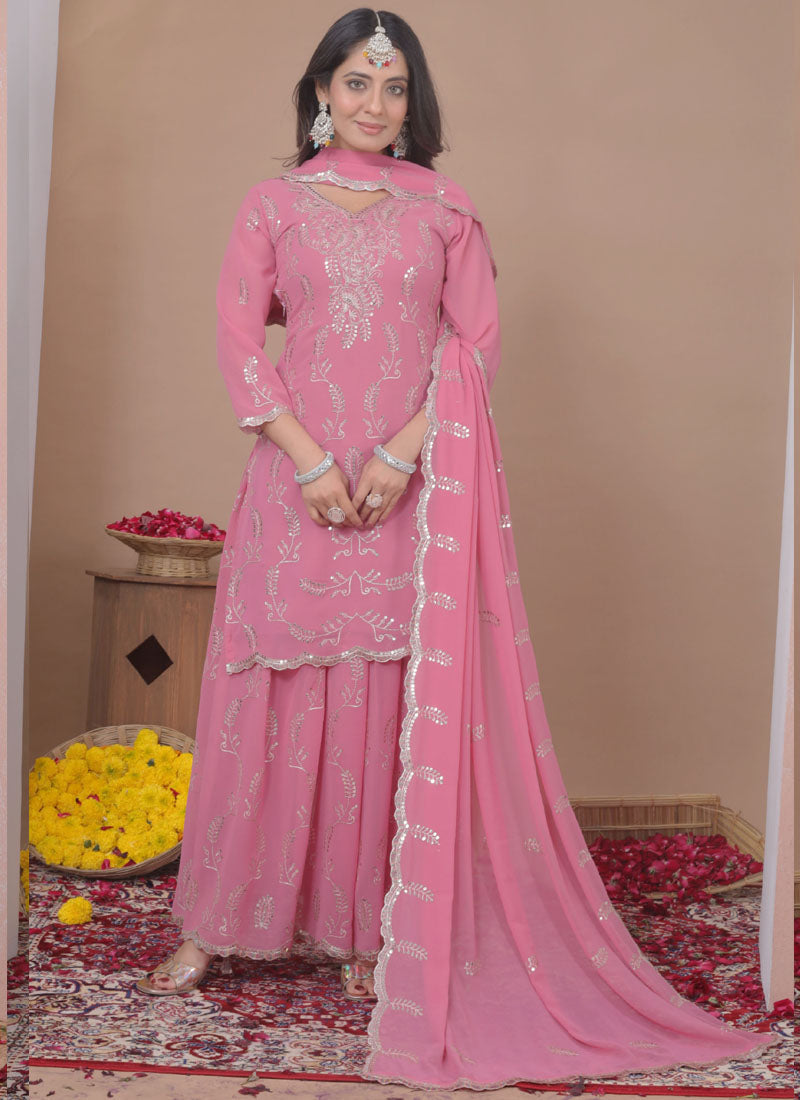 Prazu Fashion Light Pink Georgette Sequin Embroidered Sharara Suit | Grocsy