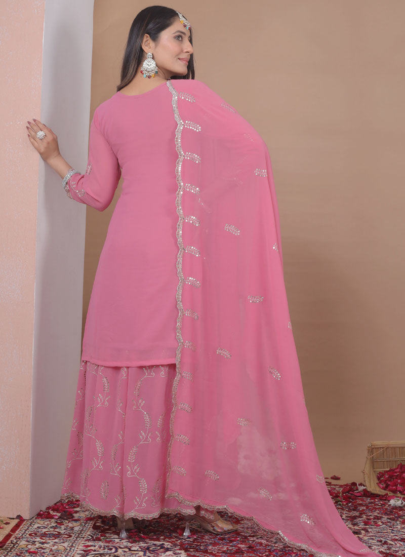 Prazu Fashion Light Pink Georgette Sequin Embroidered Sharara Suit | Grocsy