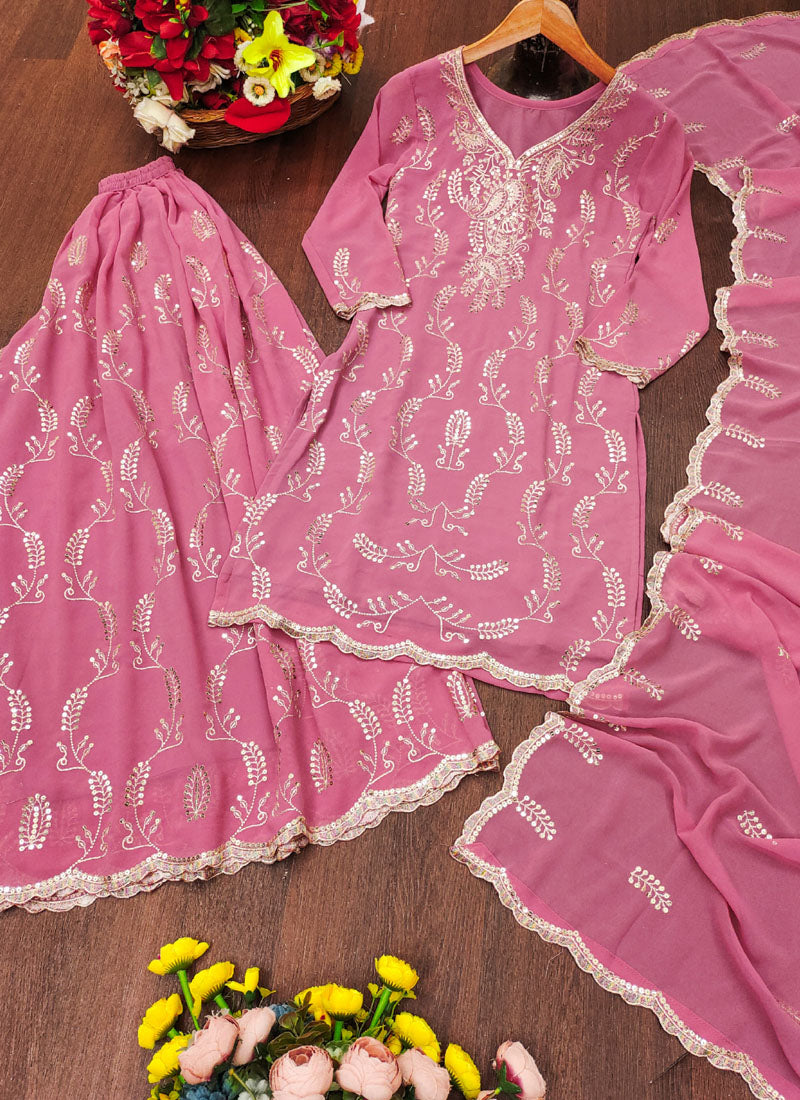 Prazu Fashion Light Pink Georgette Sequin Embroidered Sharara Suit | Grocsy