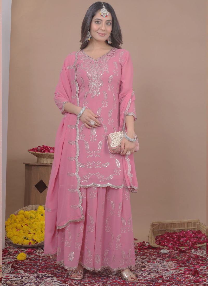 Prazu Fashion Light Pink Georgette Sequin Embroidered Sharara Suit | Grocsy