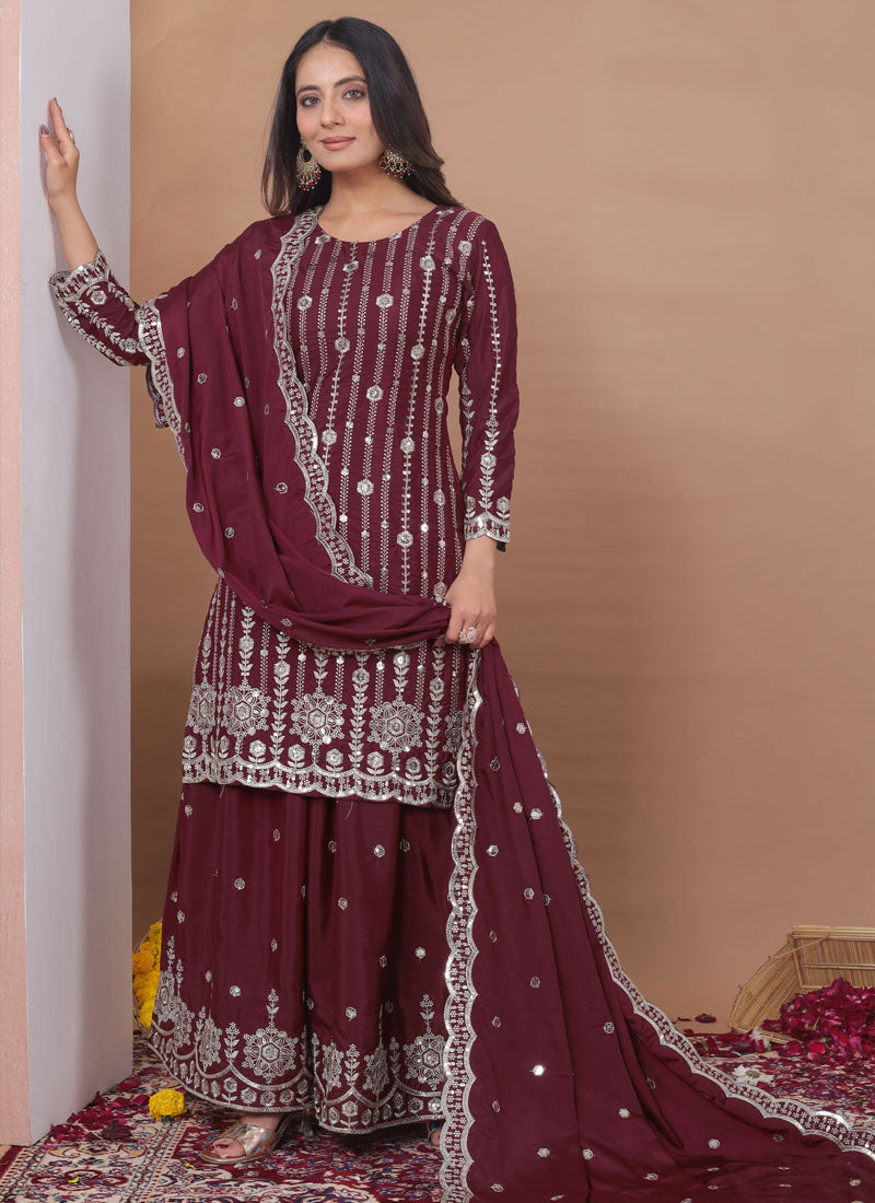 Prazu Fashion Brown Crepe Silk Sequin Embroidered Sharara Suit | Grocsy
