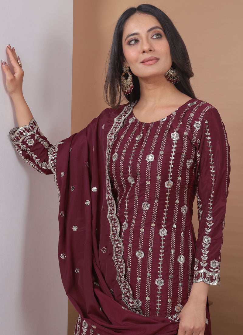 Prazu Fashion Brown Crepe Silk Sequin Embroidered Sharara Suit | Grocsy