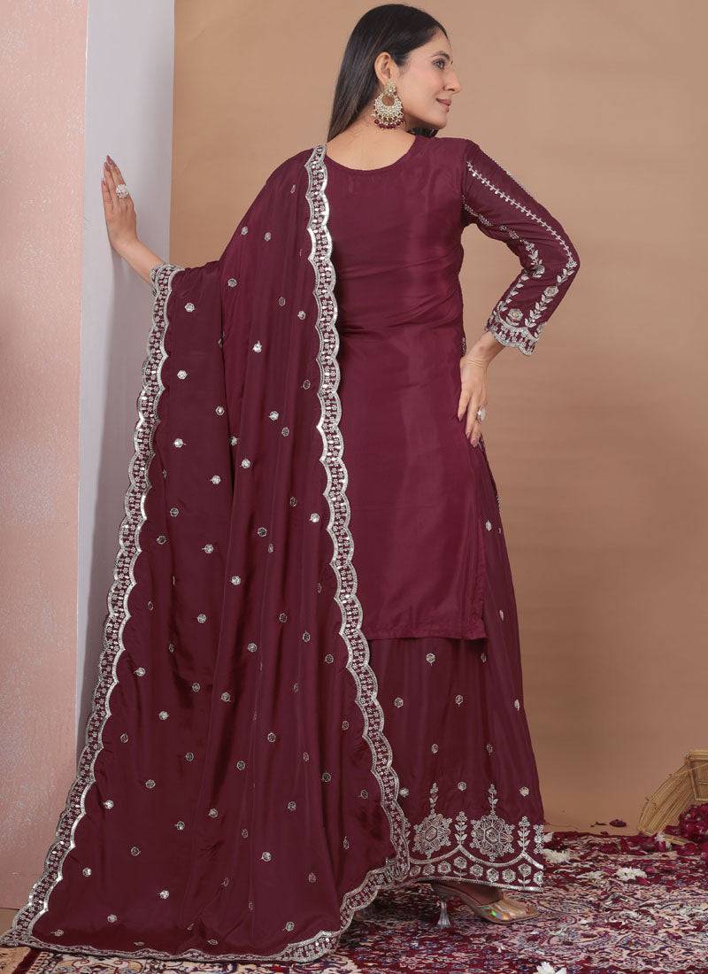 Prazu Fashion Brown Crepe Silk Sequin Embroidered Sharara Suit | Grocsy