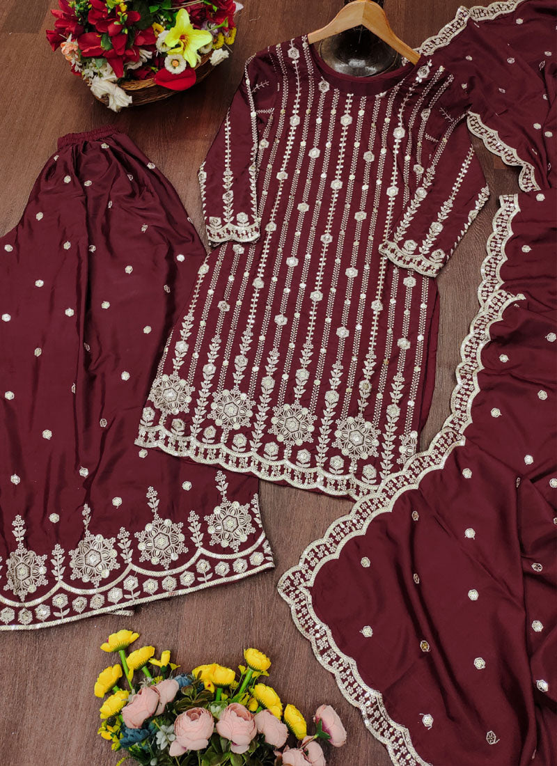 Prazu Fashion Brown Crepe Silk Sequin Embroidered Sharara Suit | Grocsy