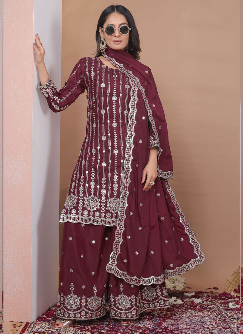 Prazu Fashion Brown Crepe Silk Sequin Embroidered Sharara Suit | Grocsy