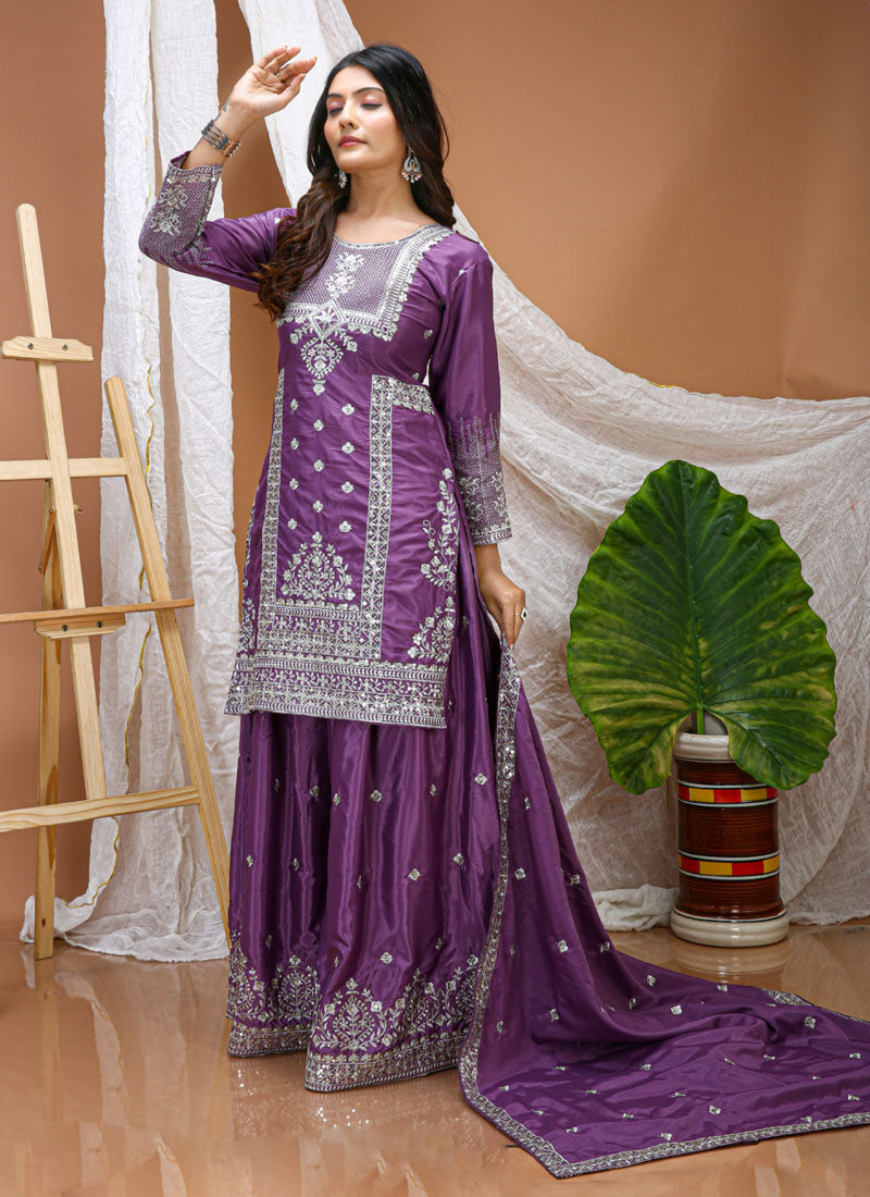 Prazu Fashion Lavender Crepe Silk Sequin Embroidered Sharara Suit | Grocsy