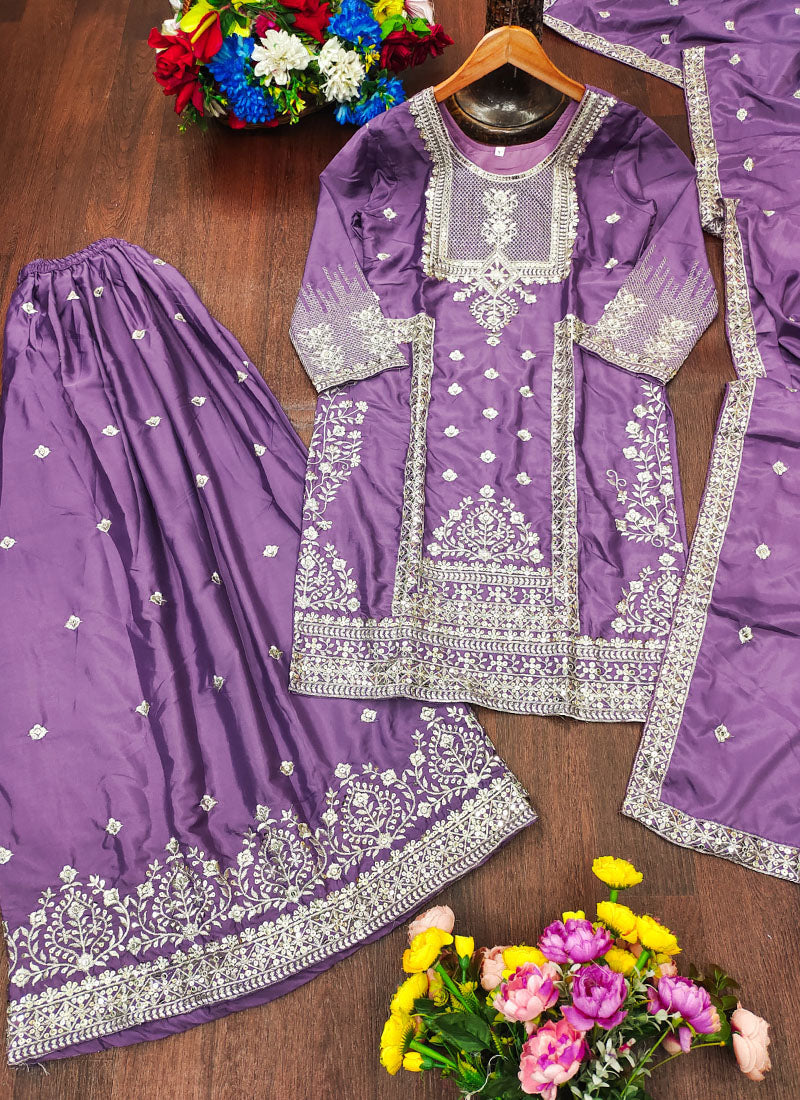 Prazu Fashion Lavender Crepe Silk Sequin Embroidered Sharara Suit | Grocsy