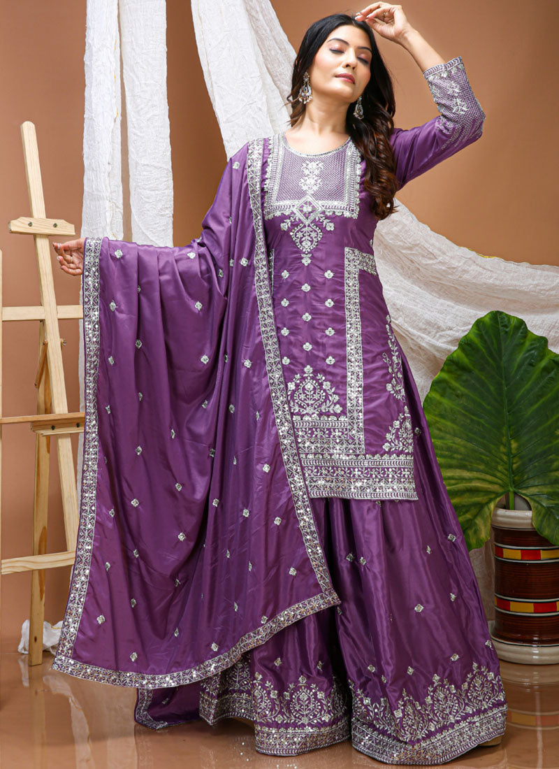 Prazu Fashion Lavender Crepe Silk Sequin Embroidered Sharara Suit | Grocsy