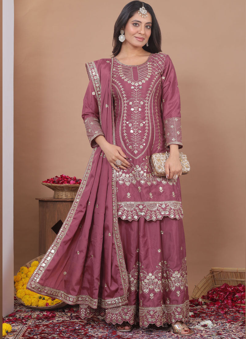 Prazu Fashion Onion Pink Crepe Silk Sequin Embroidered Sharara Suit | Grocsy