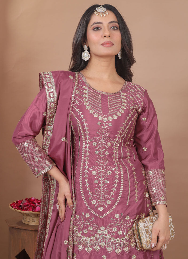 Prazu Fashion Onion Pink Crepe Silk Sequin Embroidered Sharara Suit | Grocsy