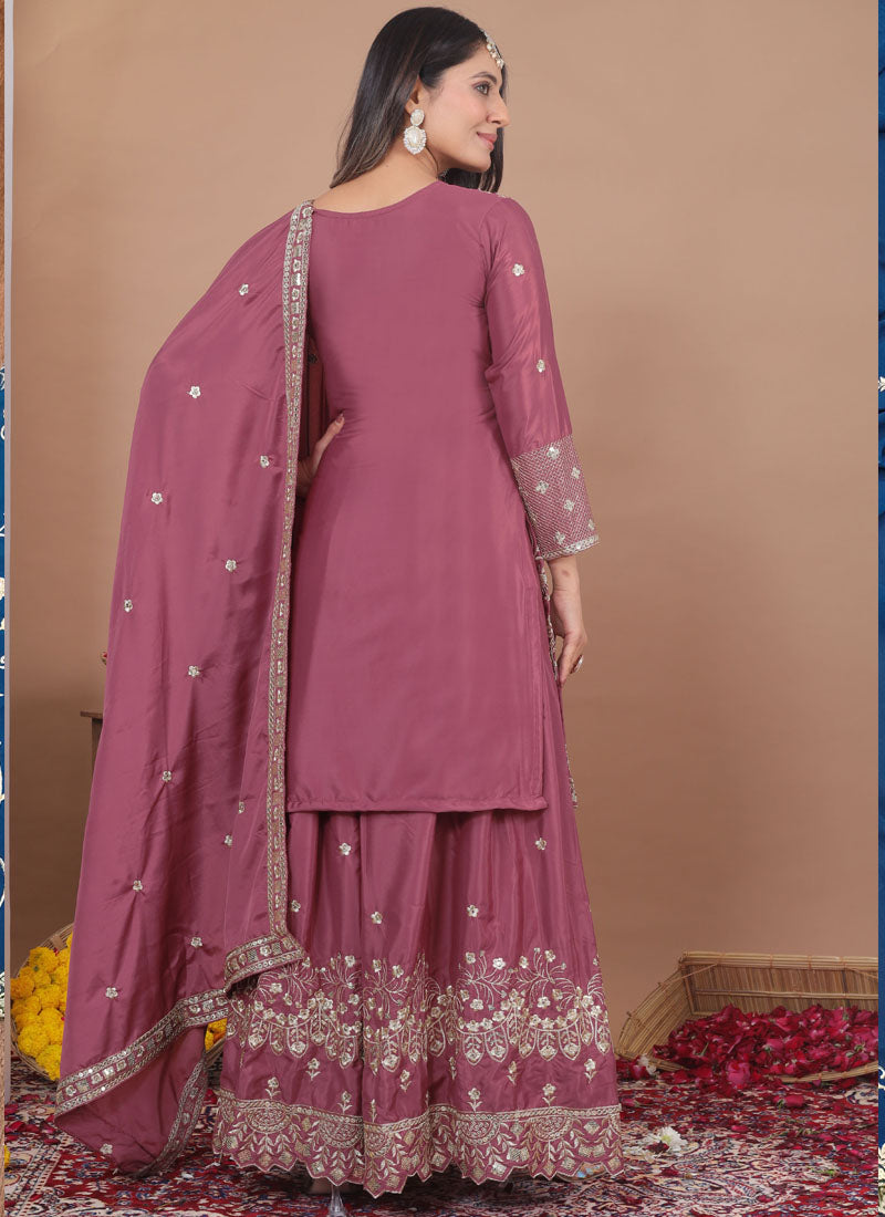 Prazu Fashion Onion Pink Crepe Silk Sequin Embroidered Sharara Suit | Grocsy