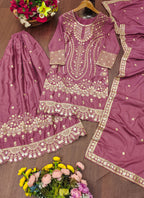 Prazu Fashion Onion Pink Crepe Silk Sequin Embroidered Sharara Suit | Grocsy