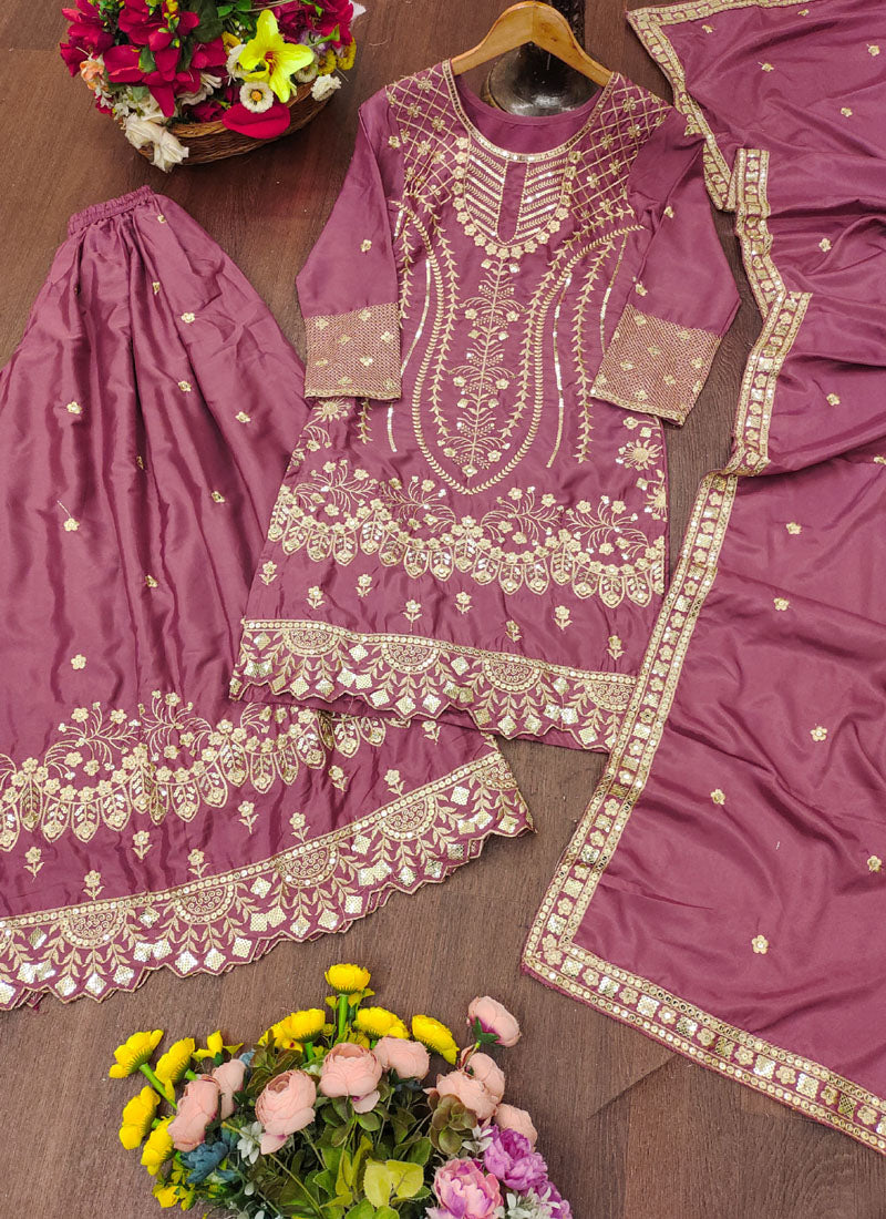 Prazu Fashion Onion Pink Crepe Silk Sequin Embroidered Sharara Suit | Grocsy