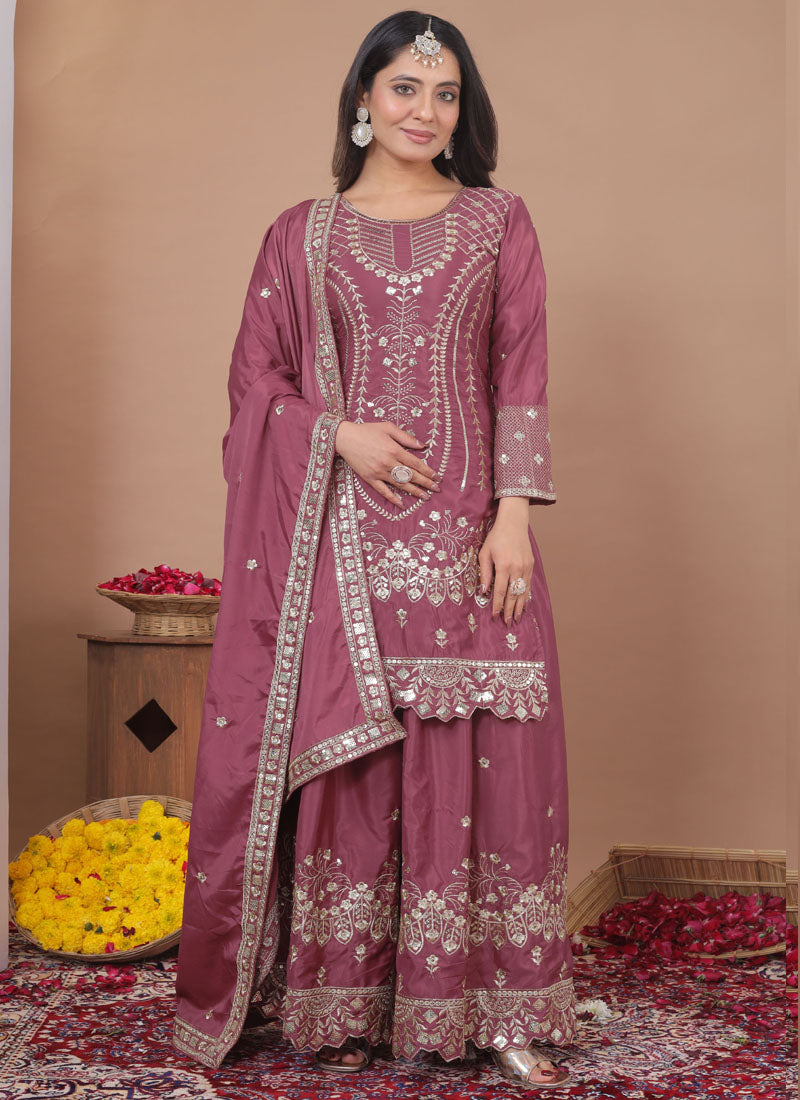Prazu Fashion Onion Pink Crepe Silk Sequin Embroidered Sharara Suit | Grocsy