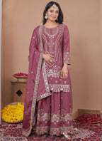 Prazu Fashion Onion Pink Crepe Silk Sequin Embroidered Sharara Suit | Grocsy